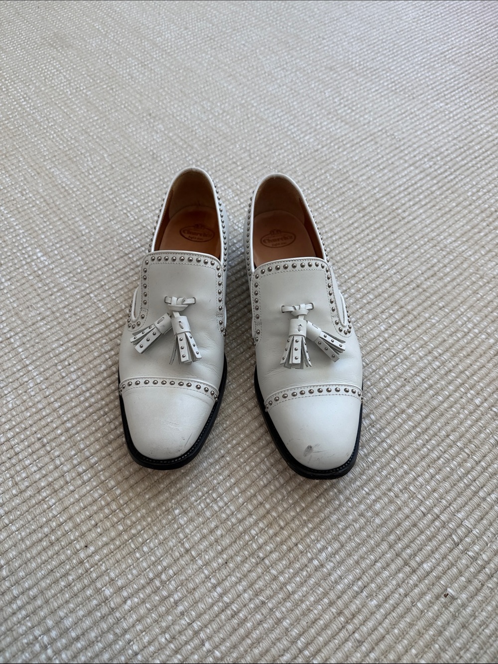 White Tassel Studded Leather Loafers for Women